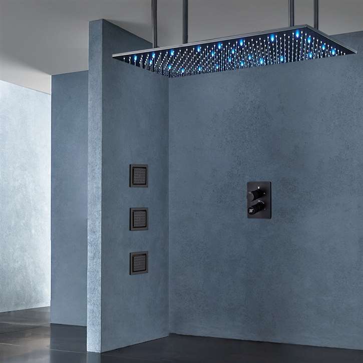 Fontana Tortona 20*40" LED Digital Matte Black Ceiling Mount Rainfall Shower System with 3 Jetted Body Sprays