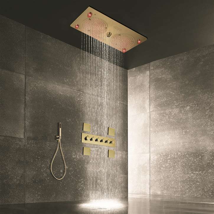 Mantua Brushed Gold Thermostatic Musical LED Recessed Ceiling Mount Rainfall Shower System with Handheld Shower and Jetted Body Sprays