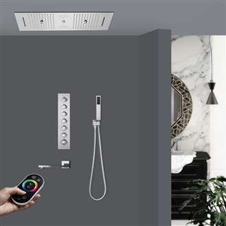 Fermo Chrome LED Remote Controlled Thermostatic Recessed Ceiling Mount Large Rainfall Waterfall Musical Shower System with Hand Shower, with Remote Control