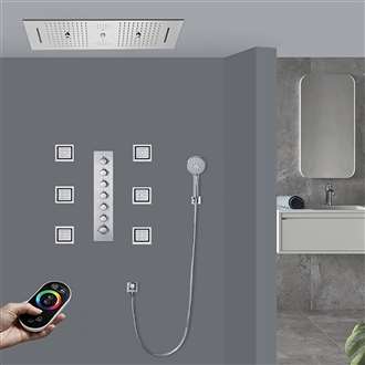 Turin Chrome  Large Remote Controlled Thermostatic Recessed Ceiling Mount LED Waterfall Rainfall Musical Shower System with Jetted Body Sprays and Round Hand Shower