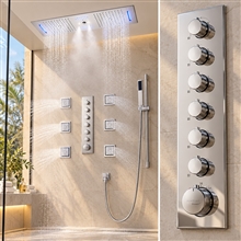 Bologna Chrome Rainfall Waterfall Mist Remote Controlled Luxurious Thermostatic LED Recessed Ceiling Mount Musical Shower System with Hand Shower and 6 Jetted Body Sprays