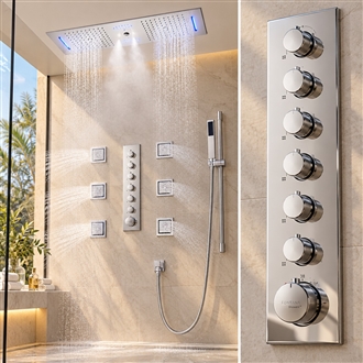 Bologna Chrome Rainfall Waterfall Mist Remote Controlled Luxurious Thermostatic LED Recessed Ceiling Mount Musical Shower System with Hand Shower and 6 Jetted Body Sprays