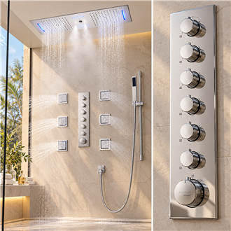 Bologna Chrome Rainfall Waterfall Mist Remote Controlled Luxurious Thermostatic LED Recessed Ceiling Mount Musical Shower System with Hand Shower and 6 Jetted Body Sprays