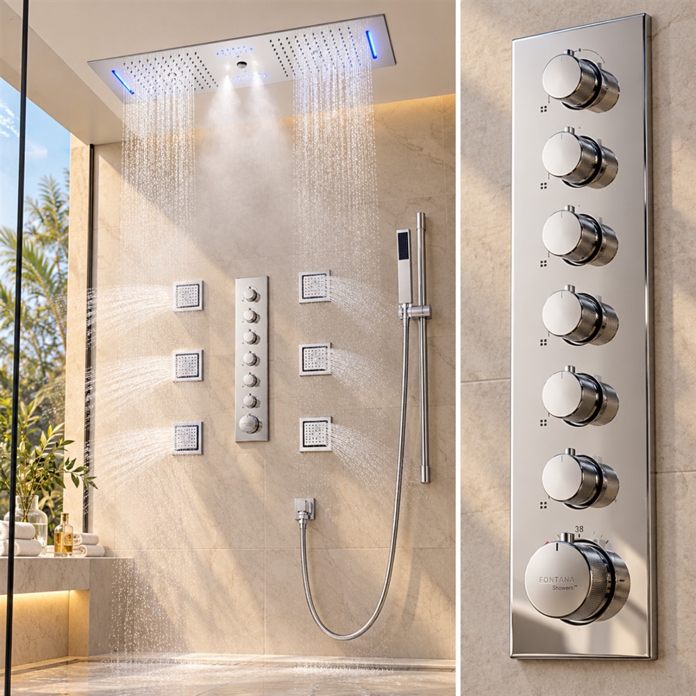 Bologna Chrome Rainfall Waterfall Mist Remote Controlled Luxurious Thermostatic LED Recessed Ceiling Mount Musical Shower System with Hand Shower and 6 Jetted Body Sprays