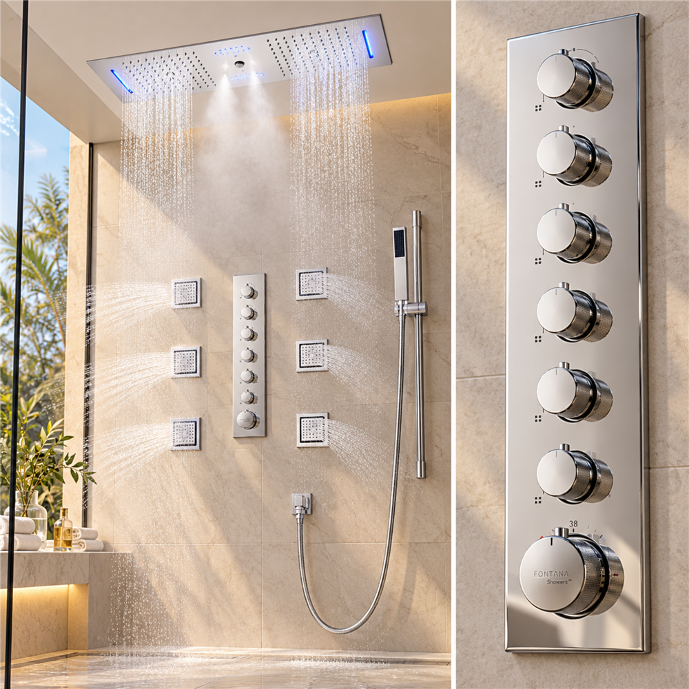 Bologna Chrome Rainfall Waterfall Mist Remote Controlled Luxurious Thermostatic LED Recessed Ceiling Mount Musical Shower System with Hand Shower and 6 Jetted Body Sprays