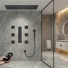 Faenza Matte Black Remote Controlled Thermostatic LED Recessed Ceiling Mount Musical Rainfall Waterfall Shower System with Hand Shower and 6 Jetted Body Sprays