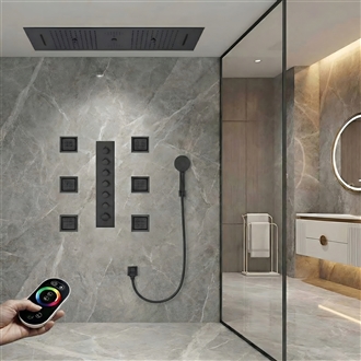 Faenza Matte Black Remote Controlled Thermostatic LED Recessed Ceiling Mount Musical Rainfall Waterfall Shower System with Hand Shower and 6 Jetted Body Sprays