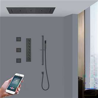 Ravenna Large Phone Controlled Matte Black FS9856DP  Thermostatic Recessed Ceiling Mount Musical LED Mist Waterfall Rainfall Shower System with Hand Shower and Jetted Body Sprays