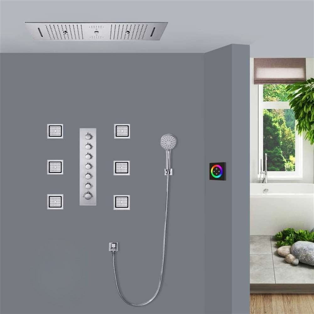 Foggia Thermostatic Chrome Touch Panel Controlled Recessed Ceiling Mount LED Musical Rainfall Shower System with Round Hand Shower and Jetted Body Sprays