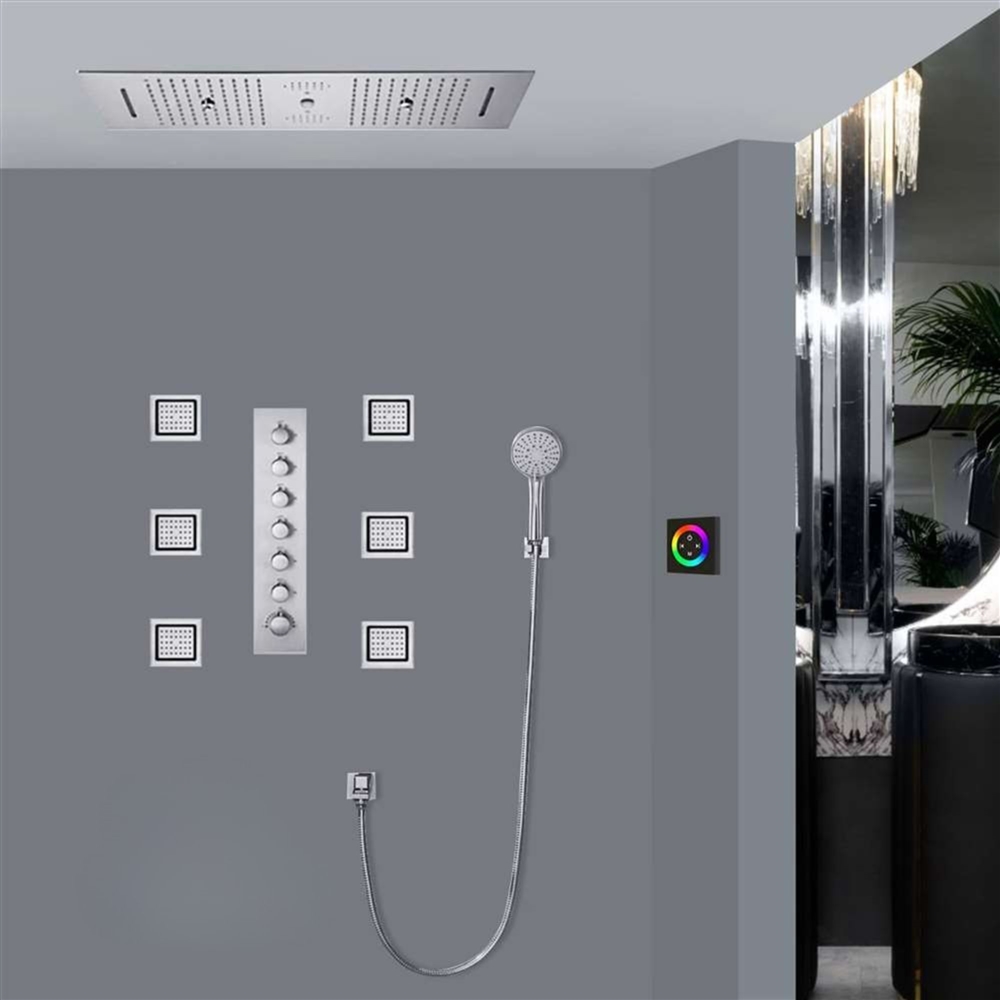 Salerno Chrome Touch Panel Controlled LED Thermostatic Recessed Ceiling Mount Musical Rainfall Shower System with Jetted Body Sprays and Hand Shower