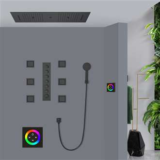 Monza Luxurious Touch Panel Controlled Matte Black Thermostatic Recessed Ceiling Mount LED Musical Rainfall Shower System with Hand Shower and Jetted Body Sprays