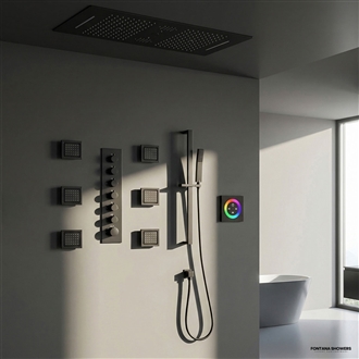 Bergamo Touch Panel Controlled Large Matte Black Thermostatic Recessed Ceiling Mount LED Musical Rainfall Shower System with Hand Shower and Jetted Body Sprays