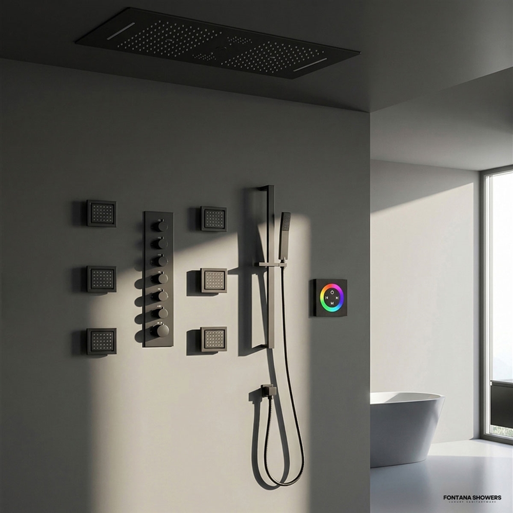 Bergamo Touch Panel Controlled Large Matte Black Thermostatic Recessed Ceiling Mount LED Musical Rainfall Shower System with Hand Shower and Jetted Body Sprays