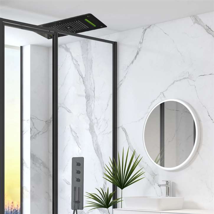Alessandria Matte Black Thermostatic Recessed Ceiling Mount LED Rainfall Shower System with Handheld (FS145079)