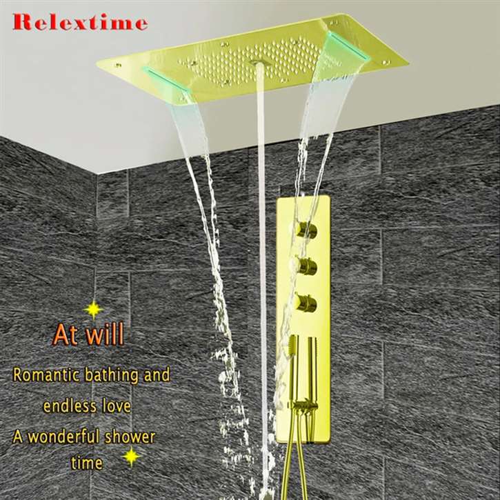 Lucca Luxury Brushed Gold Thermostatic Elegant LED Rainfall Shower ...