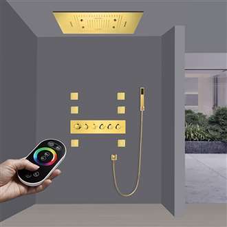 Molfetta Polished Gold Remote Controlled LED Thermostatic Recessed Ceiling Mount Rainfall Waterfall Mist Shower System with Hand Shower and Jetted Body Sprays
