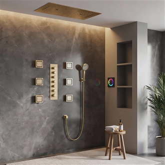 Perugia Remote Controlled Thermostatic LED Recessed Ceiling Mount Brushed Gold Rainfall Mist Waterfall Water Column Shower System with Square Hand Shower and Jetted Body Sprays
