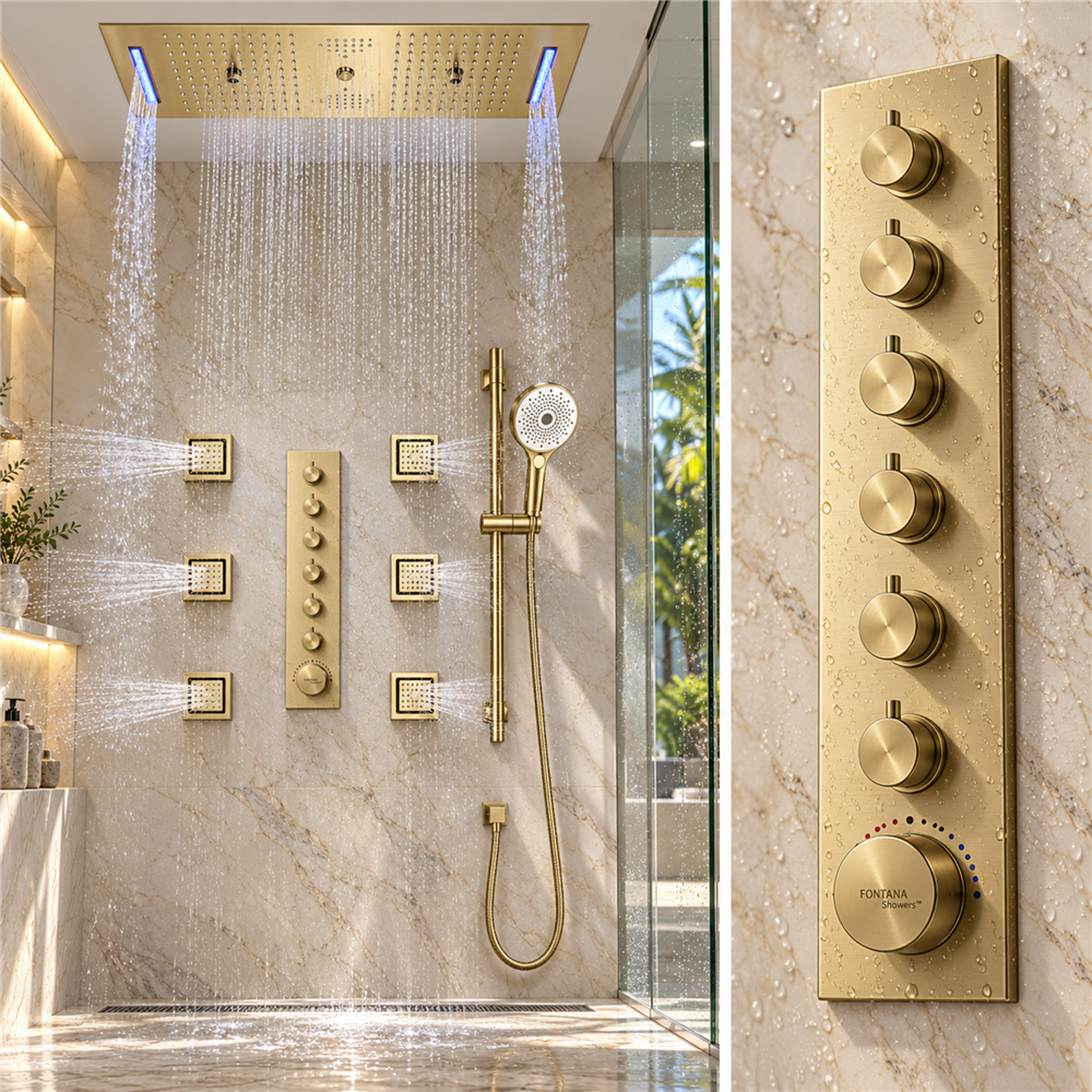 Pozzuoli Thermostatic LED Brushed Gold Remote Controlled Recessed Ceiling Mount Waterfall Rainfall Water Column Mist Shower System with 6 Jetted Body Sprays and Handheld Shower