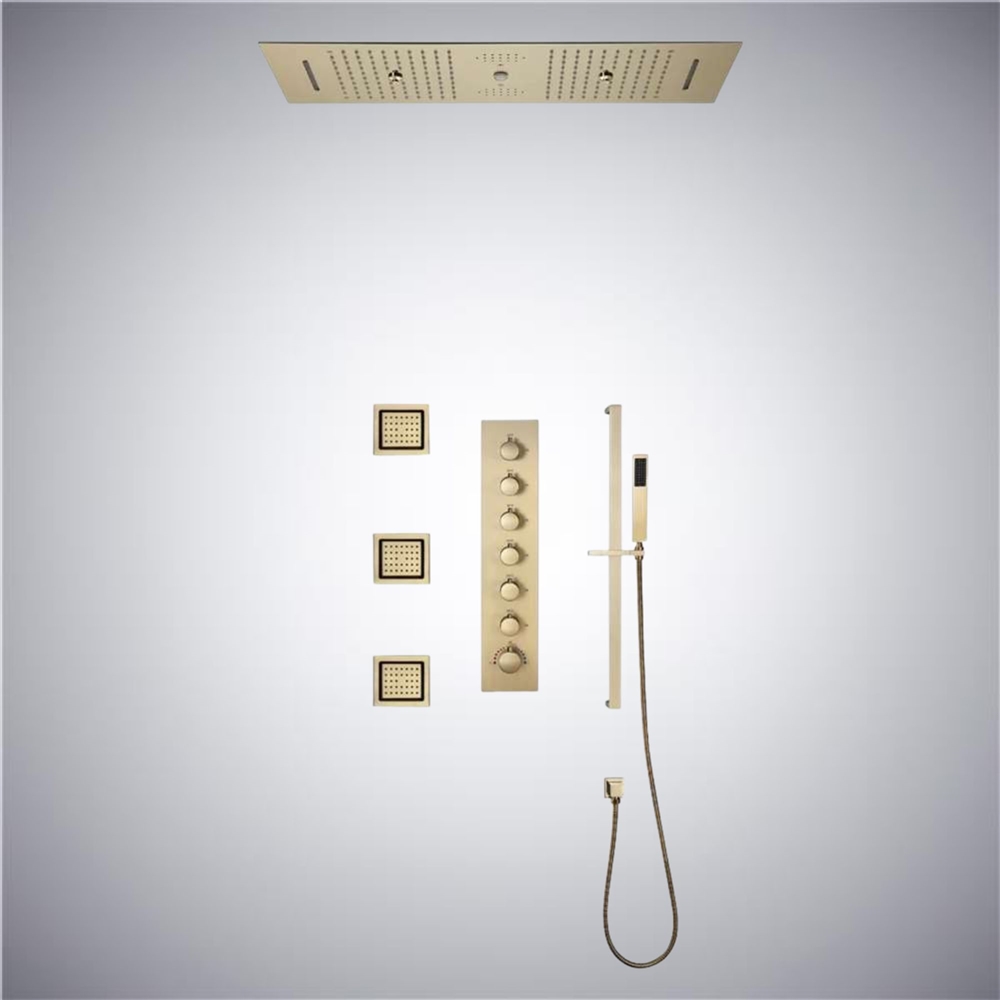 Fiumicino Brushed Gold Phone Controlled Thermostatic LED Recessed Ceiling Mount Waterfall Rainfall Water Column Mist Shower System with Hand Shower and 3 Jetted Body Sprays