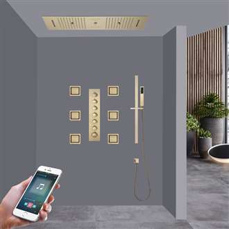 Caserta Brushed Gold Phone Controlled Thermostatic LED Recessed Ceiling Mount Rainfall Waterfall Water Column Mist Shower System with Square Hand Shower and 6 Jetted Body Sprays