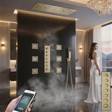 Sarno Phone Controlled Thermostatic LED Recessed Ceiling Mount Brushed Gold Rainfall Waterfall Water Column Mist Shower System with Square Hand Shower and Jetted Body Sprays