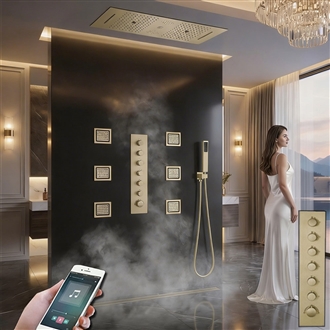 Sarno Phone Controlled Thermostatic LED Recessed Ceiling Mount Brushed Gold Rainfall Waterfall Water Column Mist Shower System with Square Hand Shower and Jetted Body Sprays