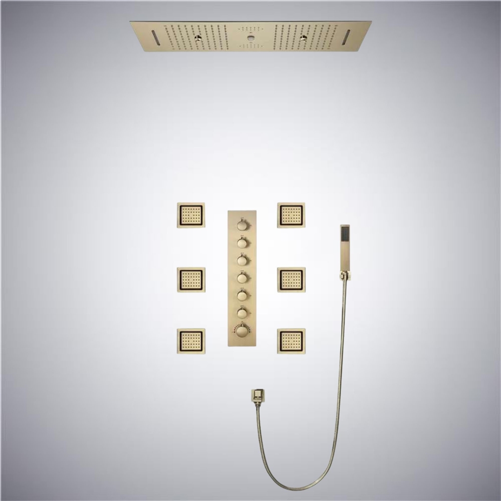 Padua Phone Controlled Brushed Gold Thermostatic LED Recessed Ceiling Mount Waterfall Rainfall Water Column Mist Shower System with Square Hand Shower and Jetted Body Sprays