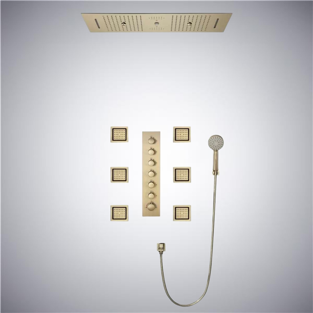Trapani LED Phone Controlled Thermostatic Recessed Ceiling Brushed Gold Mount Waterfall Rainfall Water Column Mist Shower System with Round Hand Shower and 6 Jetted Body Sprays