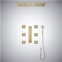 Catania Thermostatic LED Phone Controlled Recessed Ceiling Brushed Gold Mount Waterfall Rainfall Water Column Mist Shower System with 6 Jetted Body Sprays and Hand Shower