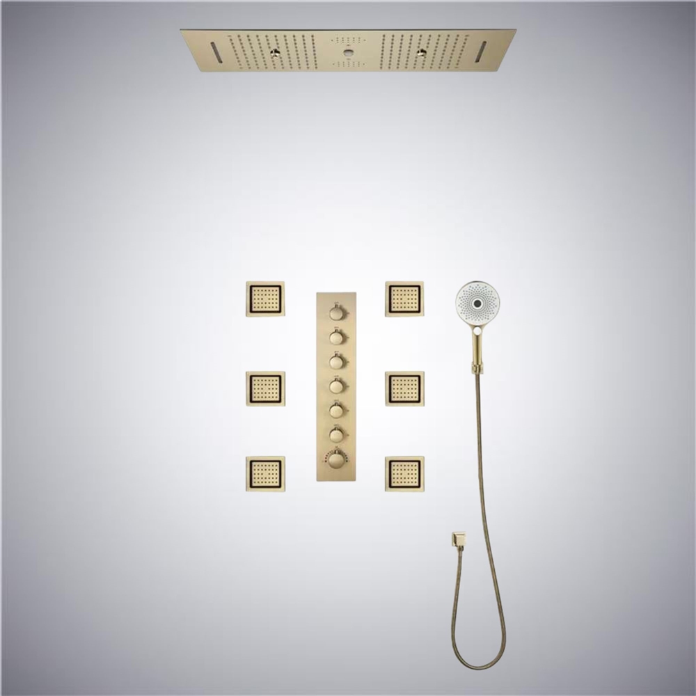 Catania Thermostatic LED Phone Controlled Recessed Ceiling Brushed Gold Mount Waterfall Rainfall Water Column Mist Shower System with 6 Jetted Body Sprays and Hand Shower