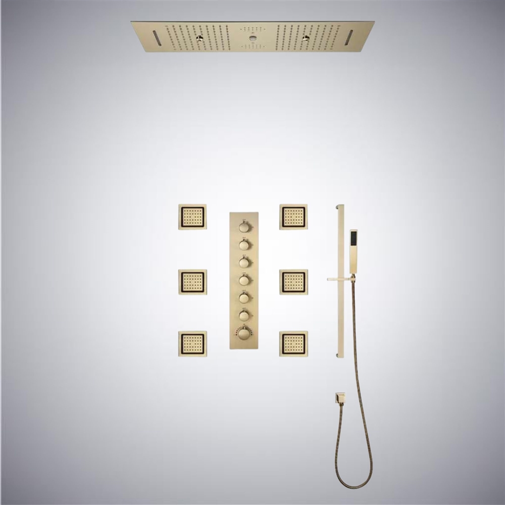 Vittoria Touch Panel Controlled Thermostatic LED Ceiling Mount Brushed Gold Waterfall Rainfall Water Column Mist Shower System with Square Hand Shower and 6 Jetted Body Sprays