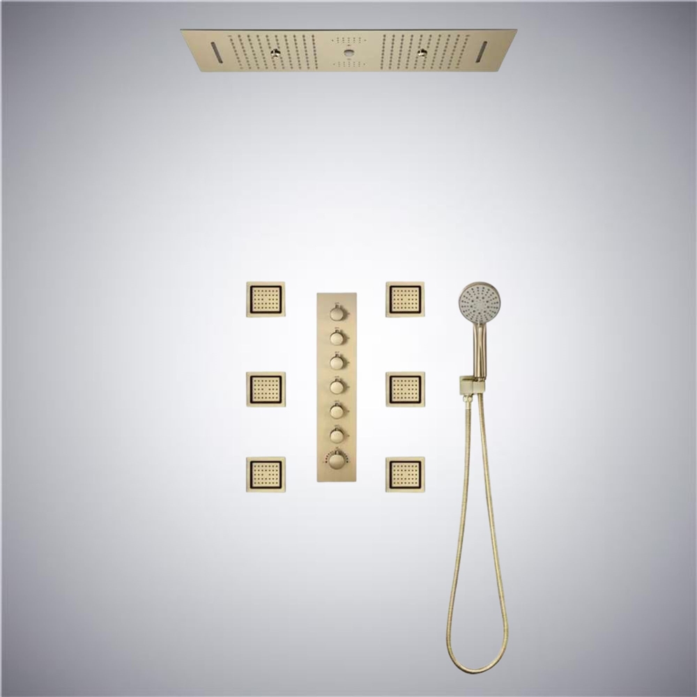 Ravenna Touch Panel Controlled Thermostatic Brushed Gold LED Recessed Ceiling Mount Waterfall Rainfall Mist Shower System with Round Hand Shower and Jetted Body Sprays
