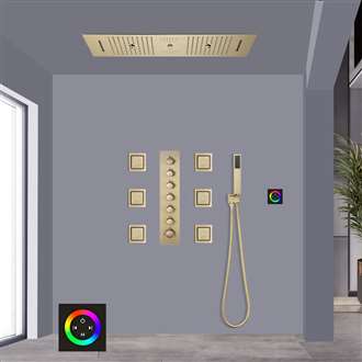 Brescia Touch Panel Controlled Thermostatic LED Recessed Ceiling Mount Brushed Gold Rainfall Waterfall Water Column Mist Shower System with Square Hand Shower and Jetted Body Sprays