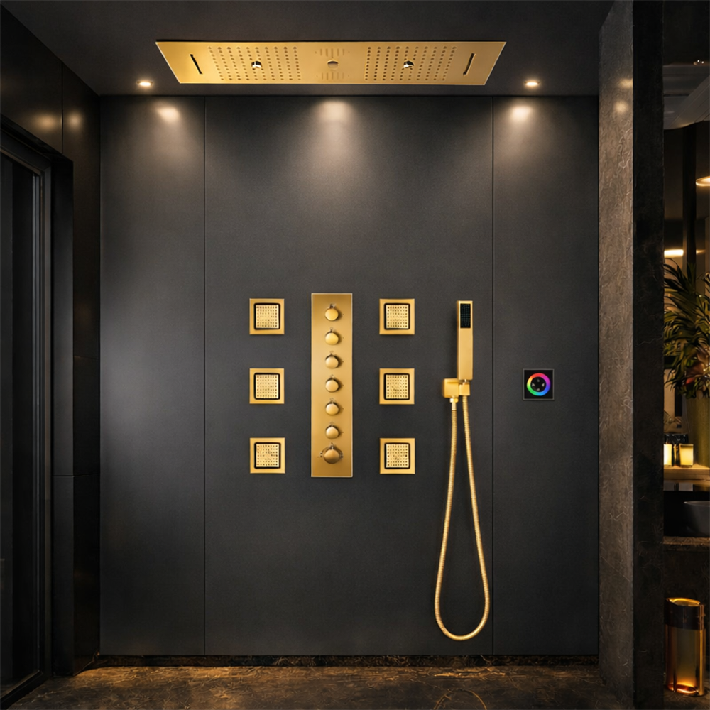 Brescia Touch Panel Controlled Thermostatic LED Recessed Ceiling Mount Brushed Gold Rainfall Waterfall Water Column Mist Shower System with Square Hand Shower and Jetted Body Sprays