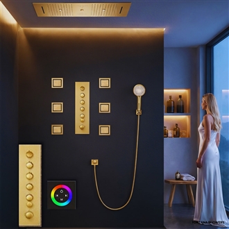 Taranto LED Touch Panel Controlled Thermostatic Recessed Ceiling Brushed Gold Mount Rainfall Water Column Waterfall Mist Shower System with Round Hand Shower and Body Jets