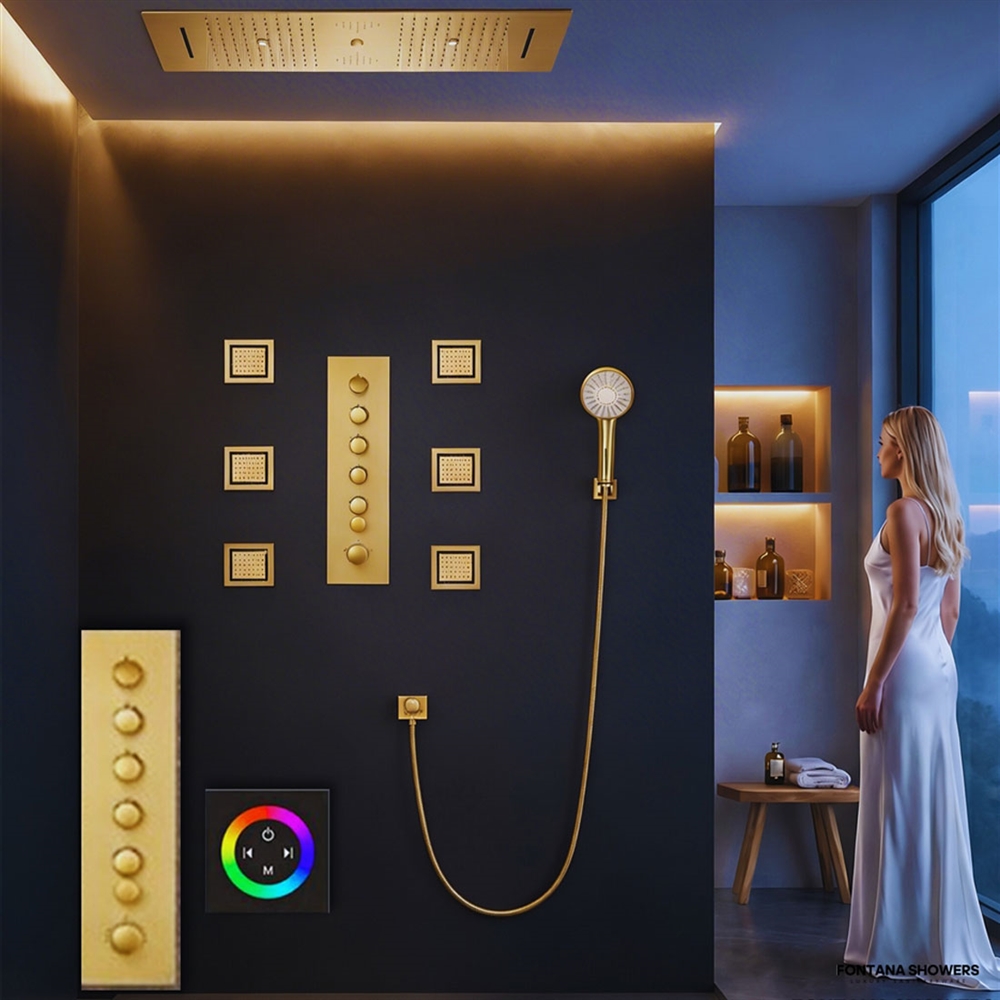 Taranto LED Touch Panel Controlled Thermostatic Recessed Ceiling Brushed Gold Mount Rainfall Water Column Waterfall Mist Shower System with Round Hand Shower and Body Jets