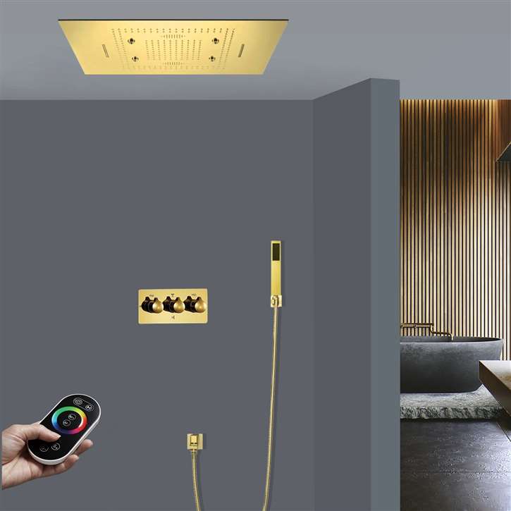 Terni Remote Controlled Thermostatic LED Recessed Ceiling Mount Polished Gold Rainfall Waterfall Mist Hot and Cold Shower System with Square Hand Shower, and Waterfall Modes