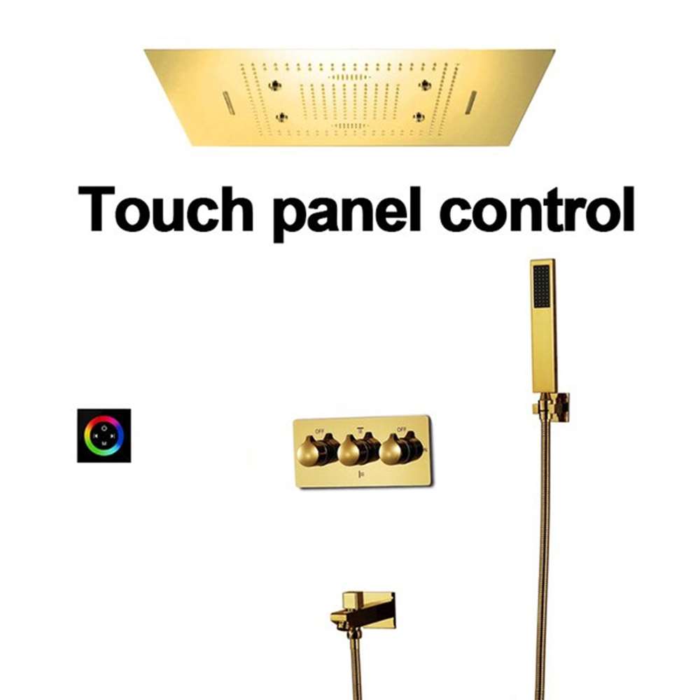 LED TOUCH PANEL CONTROLLED THERMOSTATIC RECESSED CEILING MOUNT POLISHED GOLD RAINFALL MIST WATERFALL HOT AND COLD SHOWER SYSTEM WITH SQUARE HAND SHOWER FONTANA DIJON
