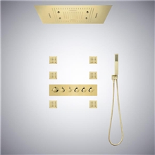 LED Musical 20" Touch Panel Controlled Thermostatic Recessed Ceiling Mount Brushed Gold Rainfall Mist Waterfall Shower System with Hand Shower and 6 Body Jets