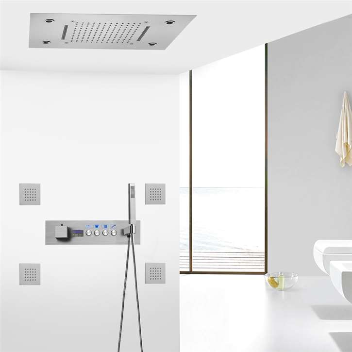 Monza LED Brushed Nickel Thermostatic Recessed Ceiling Mount Waterfall Rainfall Shower System with Body Jets and Hand Shower