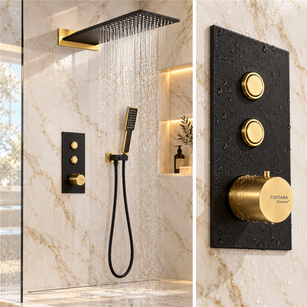 Fontana Calvero Matte Black/Gold 2 Functions Wall Mount Rainfall Shower System with Handheld Shower