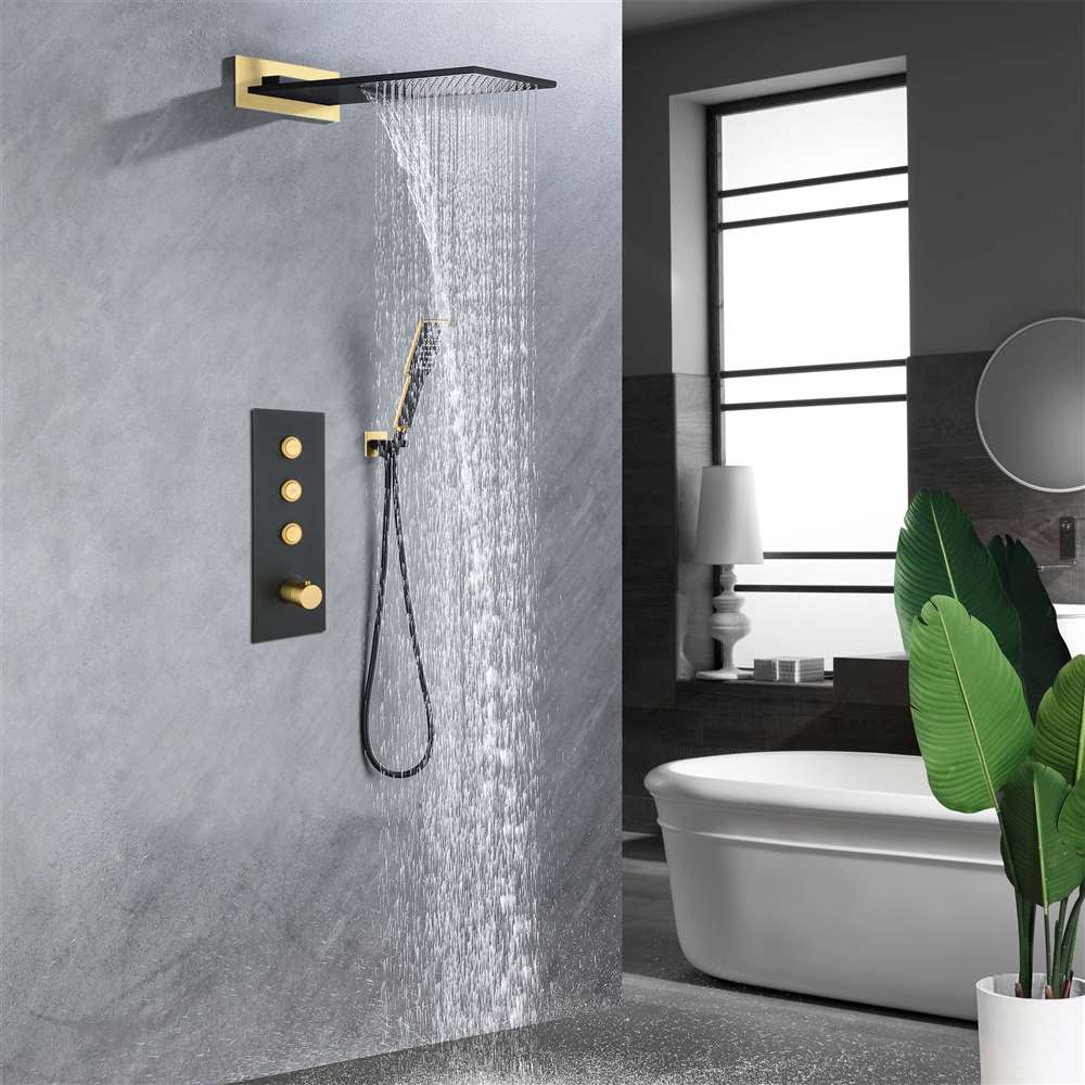 Ravenna Thermostatic Black/Gold Rainfall Waterfall Shower System
