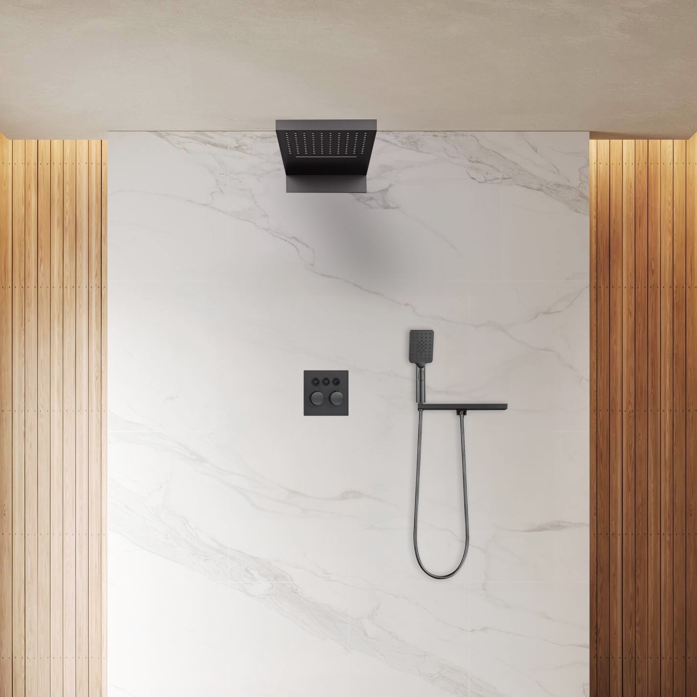 Fontana Trieste Matte Black Wall Mount Thermostatic Rainfall Shower System with Hand Shower actual product image