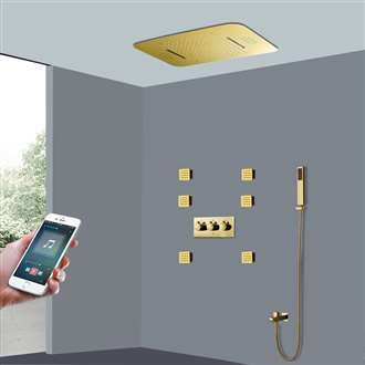 Fontana Brand vs Low’s Chatou Brushed Gold Music System Hot and Cold LED Shower Head with Hand Sprayer Phone Controlled