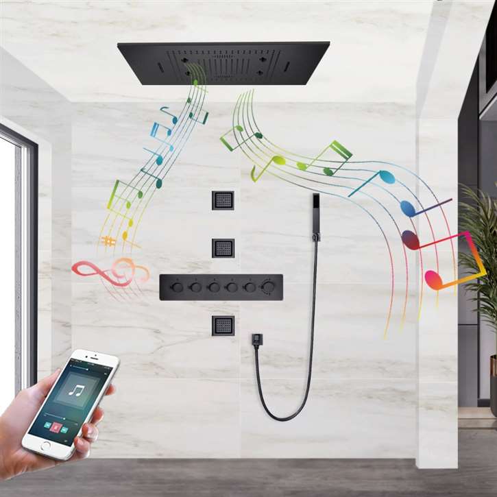 Fontana Toulouse Smart LED Music Rainfall Thermostatic Shower System with Massage Jets and Hand Sprayer in Matte Black