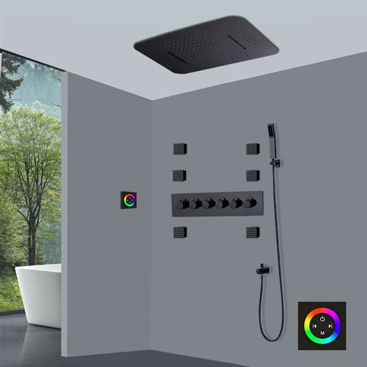 Ceiling Mount Matte Black Thermostatic Music Smart LED Rain Shower ...