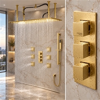 Martinique  Large Brushed Gold Solid Brass LED Rain Shower Head with Body Jets & Handheld Shower