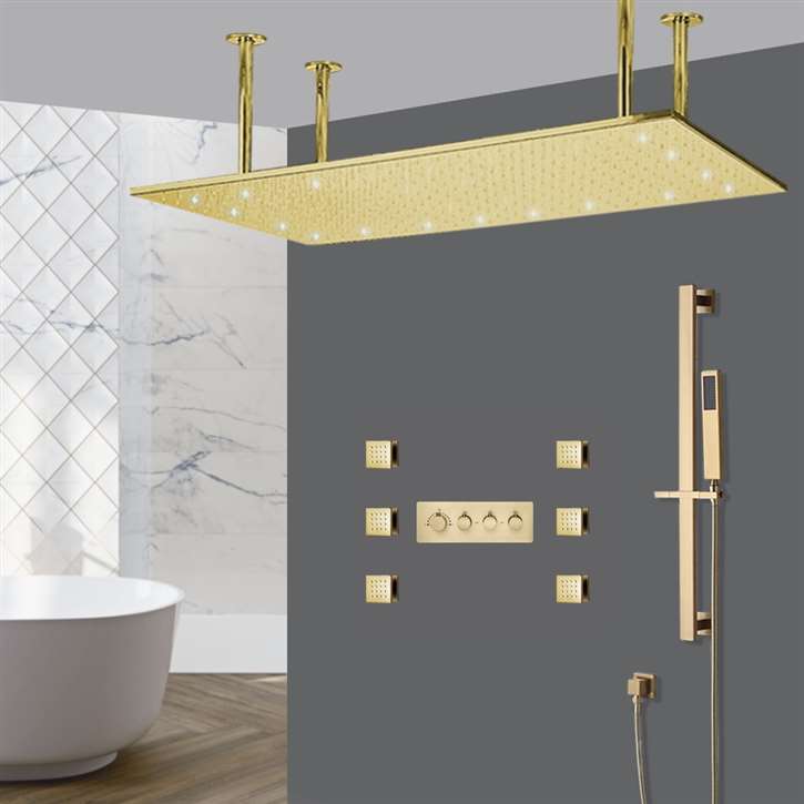 Brushed Gold LED Shower System | 4-Handle Ceiling Rain Shower & Body Jets