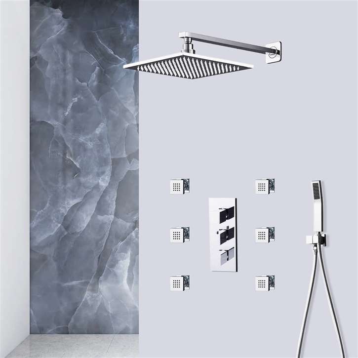 Fontana St. Gallen Square Thermostatic 10" Wall Mount Shower Head with 6 Massage Body Jets and Handheld Shower