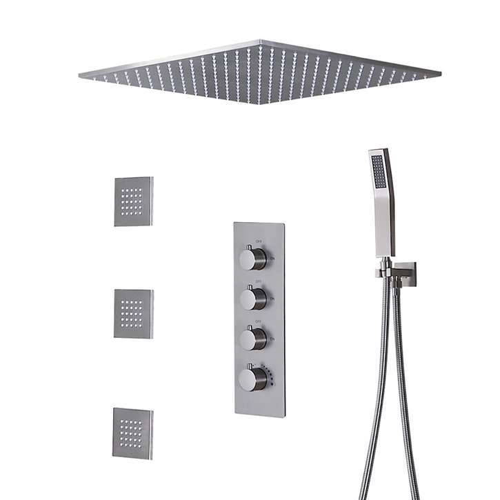 Brushed-nickel ceiling shower with thermostatic valve, jets and handheld installation planning